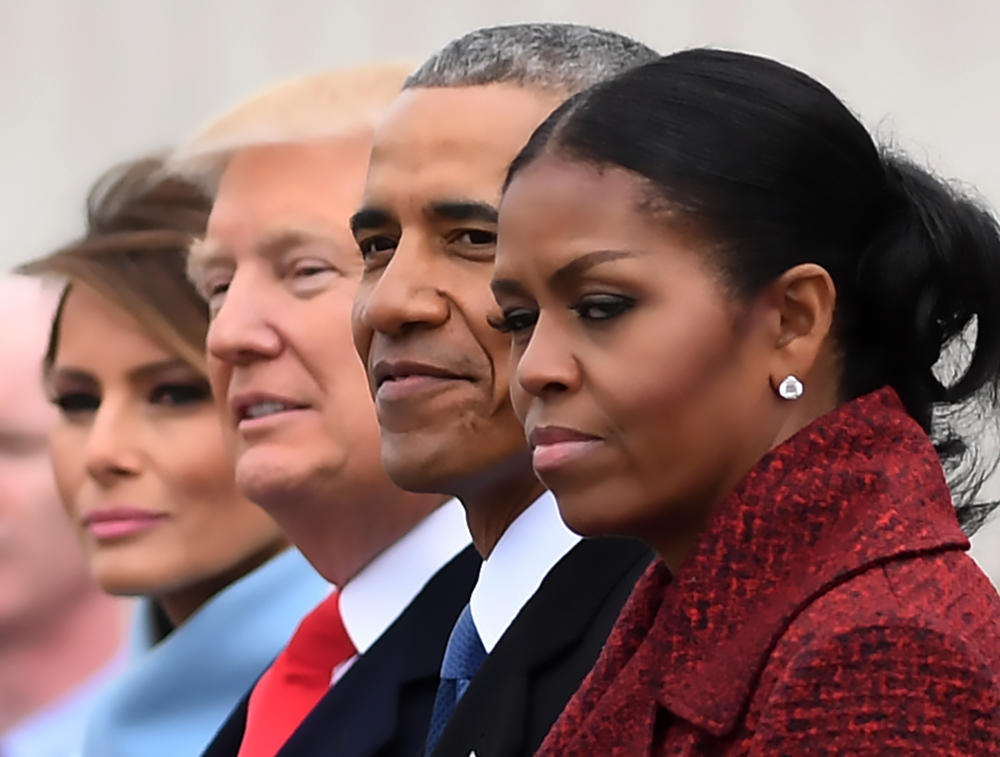 First lady Melania Trump (left), President Donald Trump, President Barack Obama, Michelle Obama at the U.S. Capitol after Trump's inauguration ceremonies in Washington, D.C., on Jan. 20, 2017.