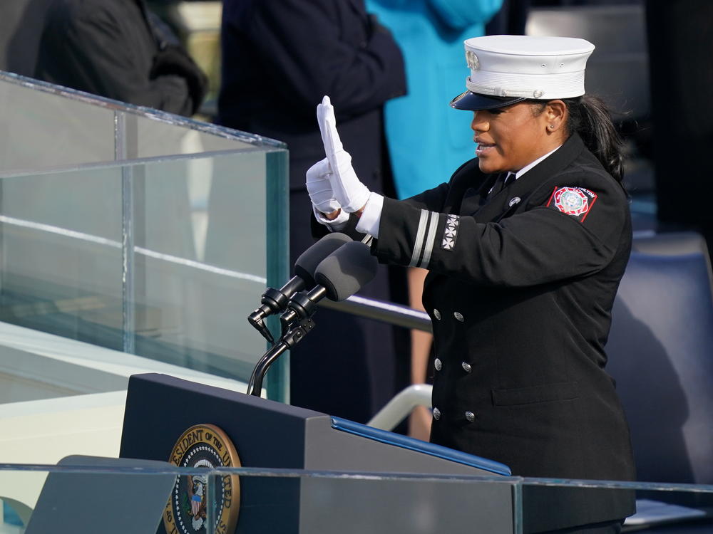 Capt. Andrea Hall, a firefighter from Fulton County, Ga., delivers the pledge of allegiance during the 59th Presidential Inauguration on Wednesday.