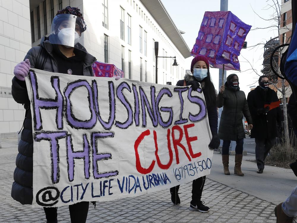 Tenants' rights advocates protesting evictions during the pandemic in Boston this month. They want the Biden administration to not only extend, but also strengthen, an eviction order from the CDC aimed at keeping people in their homes during the outbreak.