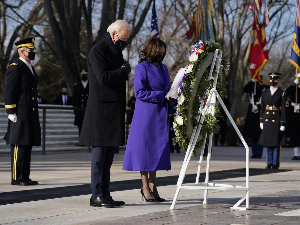 President Biden and Vice President Harris participate Wednesday in a wreath-laying ceremony at the Tomb of the Unknown Soldier at Arlington National Cemetery in Arlington, Va.