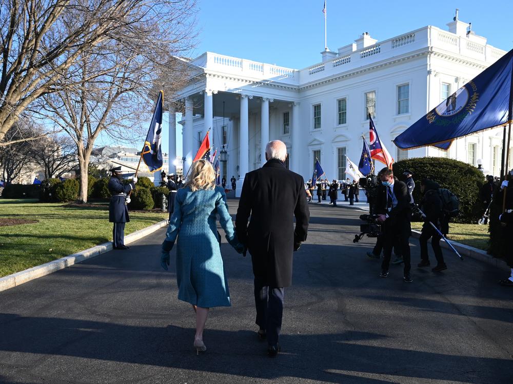 President Biden and first lady Jill Biden arrive at the White House on Wednesday. The Biden administration has made several changes to the White House website with an eye toward inclusivity and accessibility.