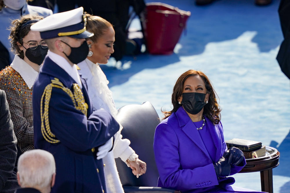 Vice President Harris chose a purple number for her big day — believed to be a nod to Shirley Chisholm — at the presidential inauguration ceremony on Wednesday.