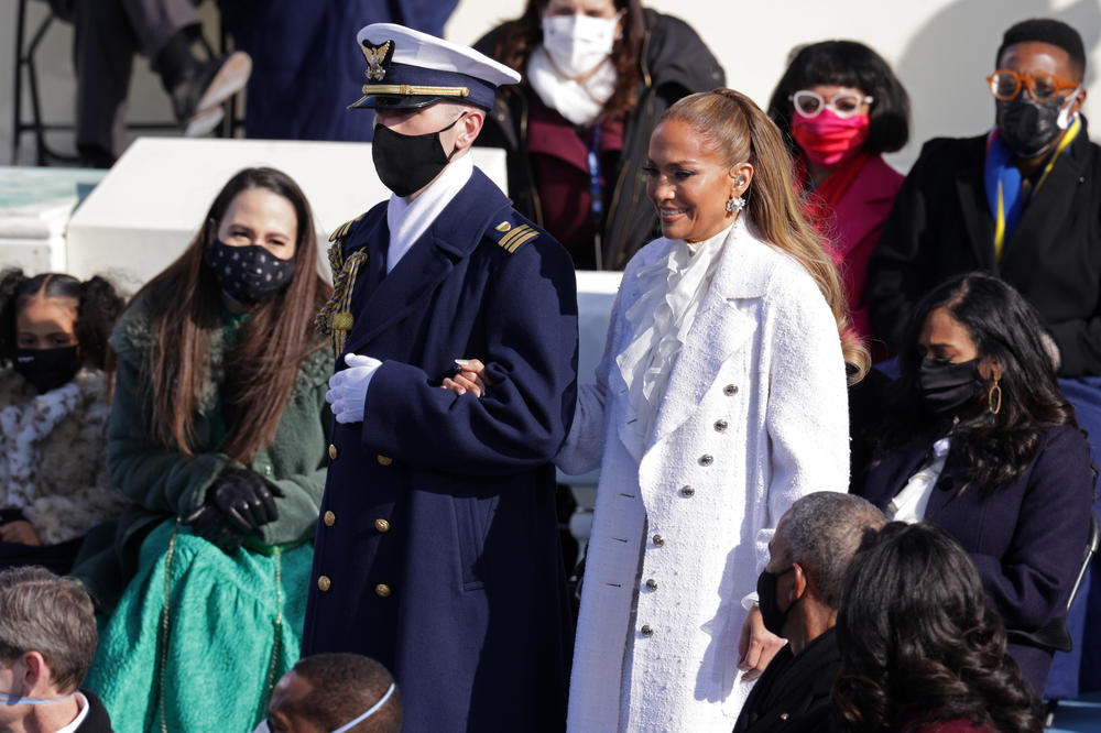 Jennifer Lopez is escorted to the inauguration.