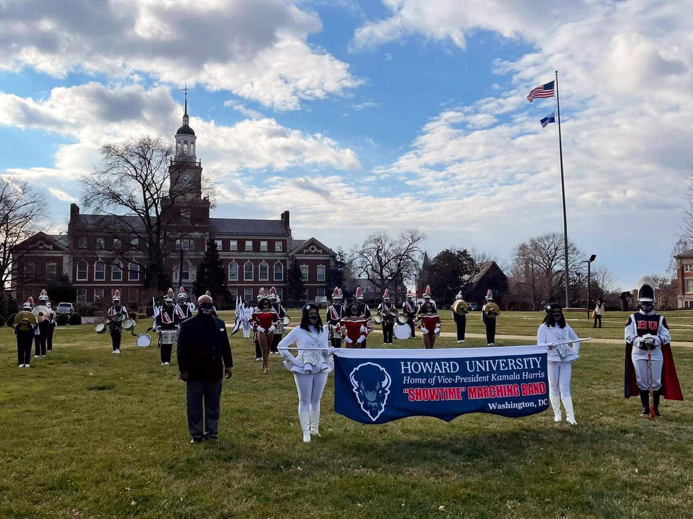 The Howard University Showtime Marching Band prepares before the inaugural parade.