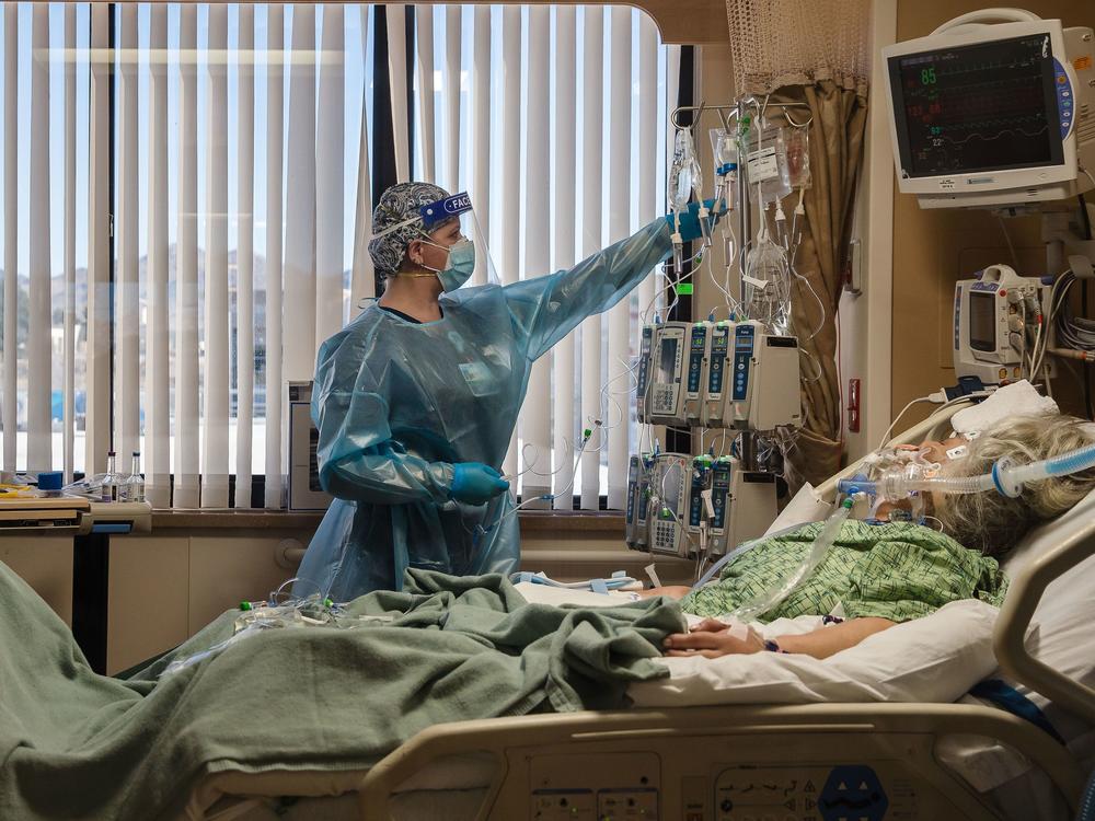 A nurse tends to a Covid-19 patient in the intensive care unit at Providence St. Mary Medical Center in Apple Valley, Calif., on Jan. 11.