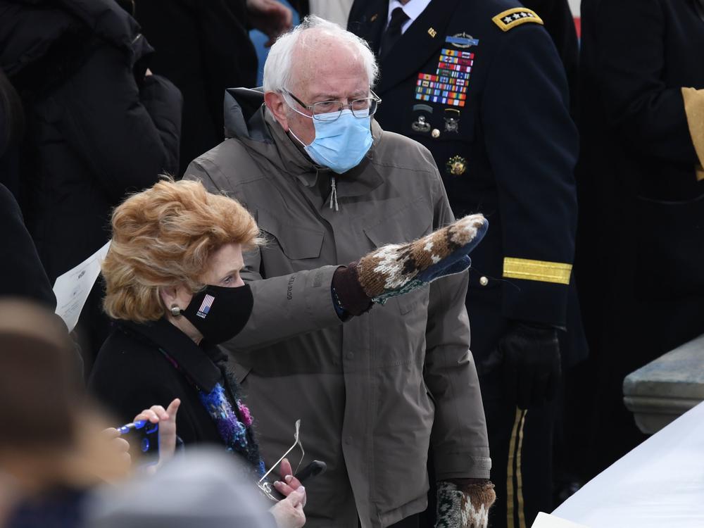 Bernie Sanders arrives for the inauguration of Joe Biden sporting a pair of mittens made from repurposed wool gifted to him by Jen Ellis, a teacher in Vermont.