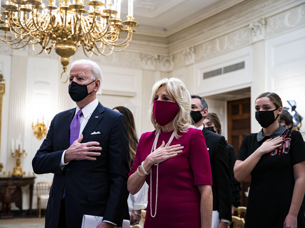 President Joe Biden and first lady Jill Biden attended the virtual presidential inaugural prayer service from the State Dining Room of the White House.
