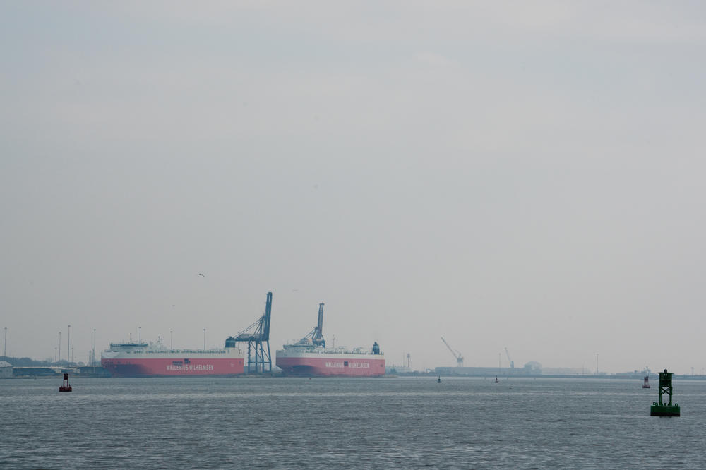 Shipping vessels are docked in the Port of Baltimore this month, waiting to be loaded or unloaded. Seafarers are not allowed off the ships due to COVID-19.