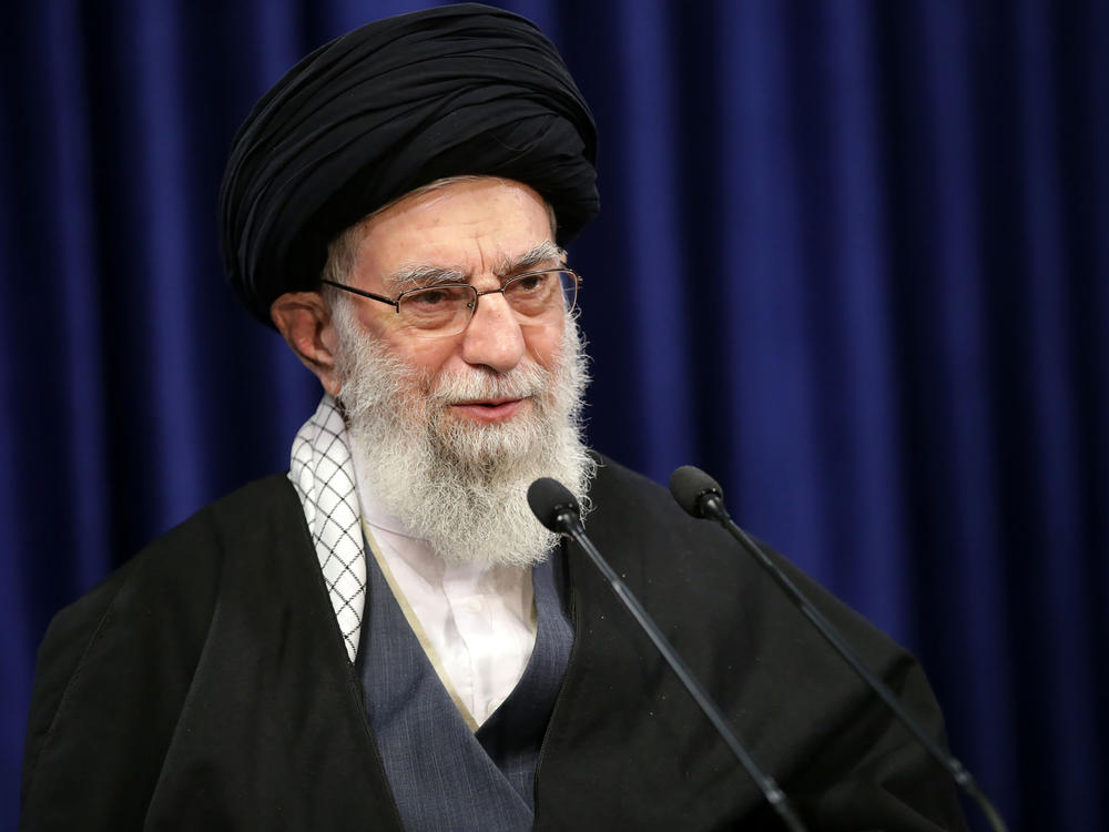 Iranian Supreme Leader Ayatollah Ali Khamenei on Jan. 8. A Twitter account believed to be linked to Khamenei was permanently banned Friday after posting a threatening image involving former President Donald Trump. Twitter told The Associated Press the account was a fake.