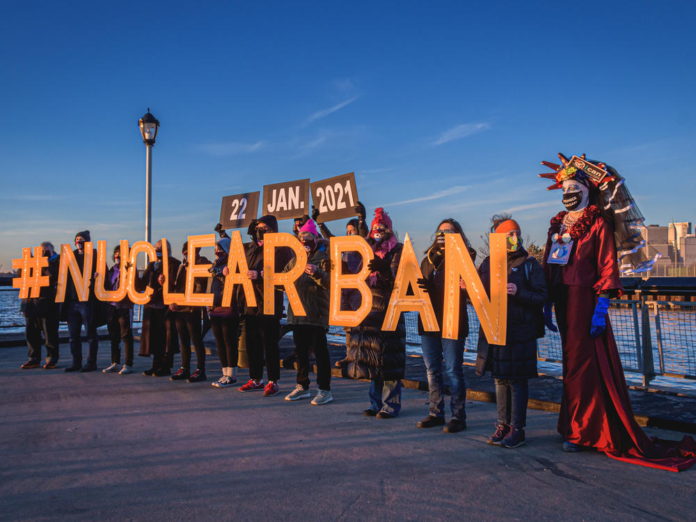 Activists in New York City show their support for the Treaty on the Prohibition of Nuclear Weapons, which took effect on Friday.
