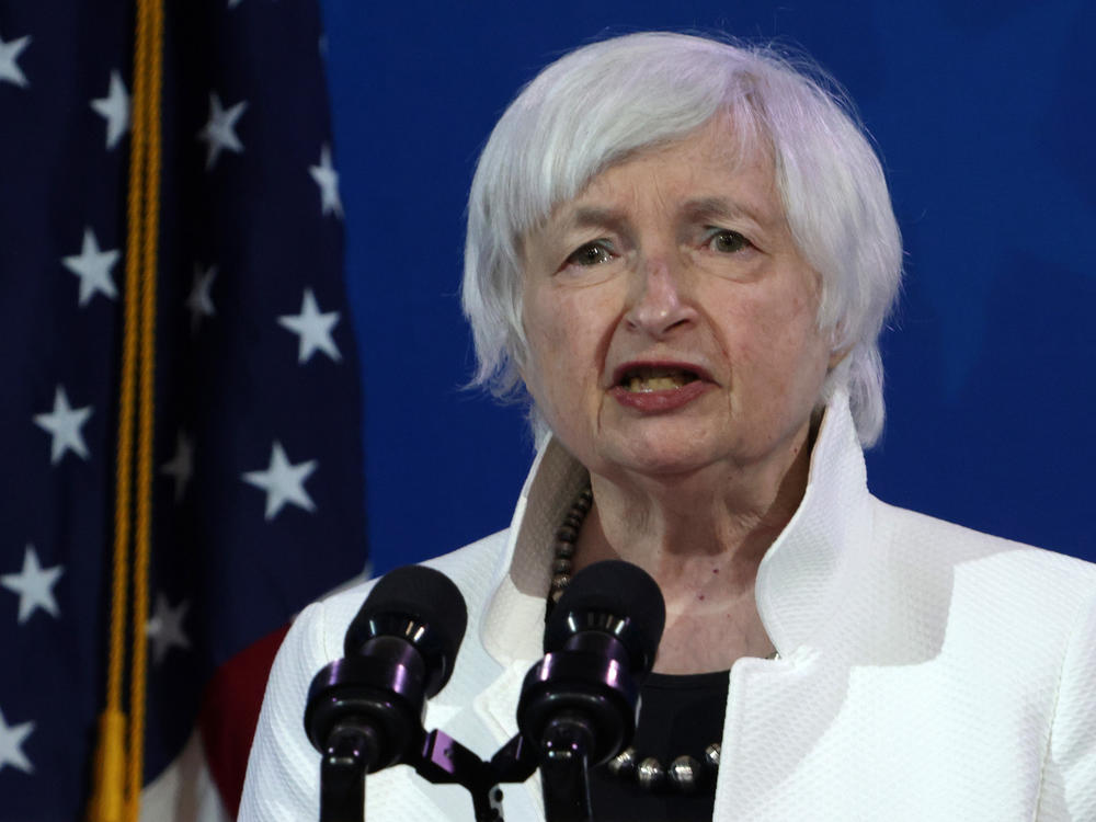 Janet Yellen addresses an event last month introducing the incoming Biden administration's economic team in Wilmington, Del. Yellen is the first woman to lead the Treasury Department.
