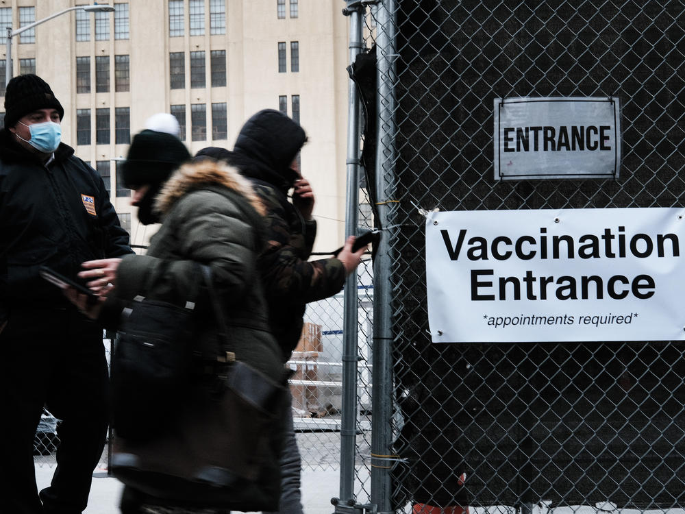 A COVID-19 vaccine hub taking appointments only stands in Brooklyn as New York City begins to run low on doses Friday.