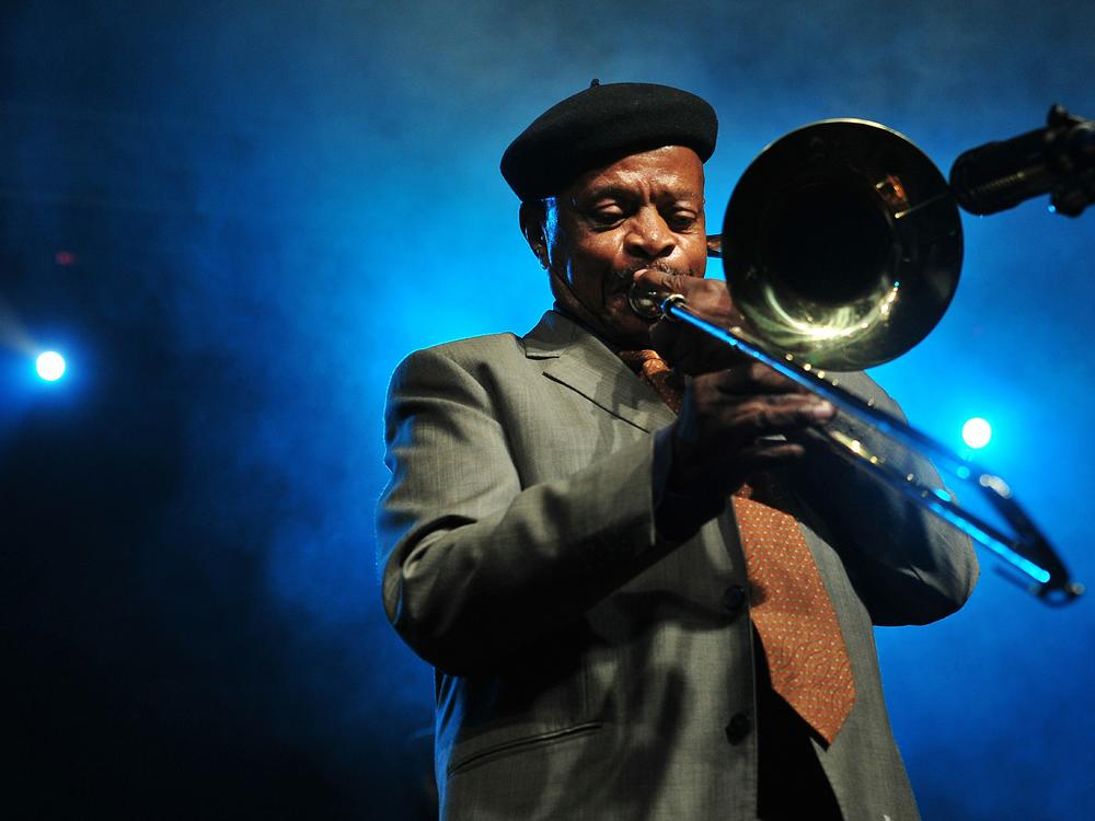 Trombonist Jonas Gwangwa performs in Sandton, South Africa in 2017.