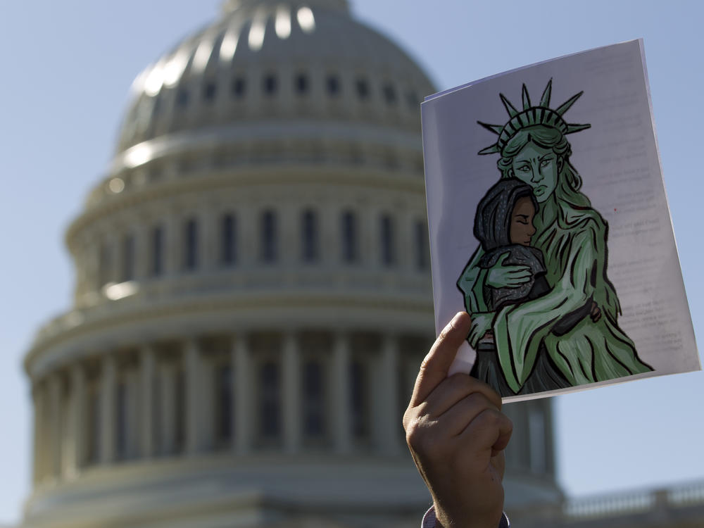 Faith leaders and members of human rights groups protest outside of the U.S. Capitol calling Congress not to end refugee resettlement programs on Oct. 15, 2019, in Washington.