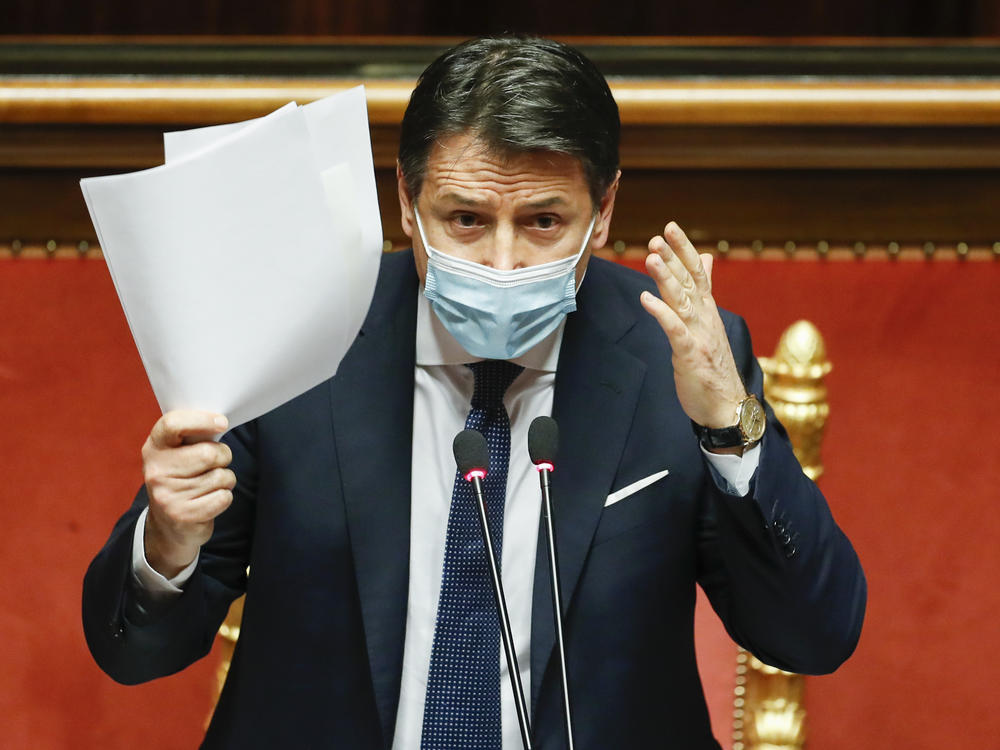 Italian Prime Minister Giuseppe Conte replies to questions ahead of a confidence vote last week at the Senate at Palazzo Madama in Rome. Conte handed in his resignation Tuesday.