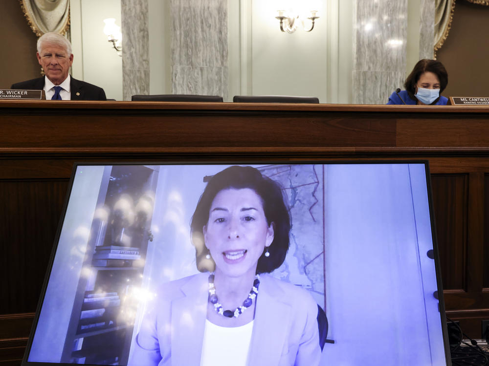 Rhode Island Gov. Gina Raimondo appears through video conferencing Tuesday during a Senate hearing for her nomination as the secretary for the Commerce Department, which oversees the U.S. Census Bureau.