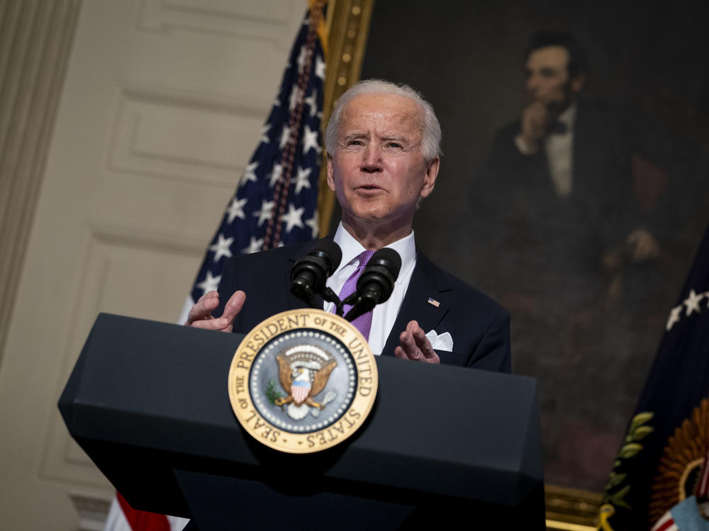 President Biden speaks about the coronavirus pandemic in the State Dining Room of the White House on Tuesday.