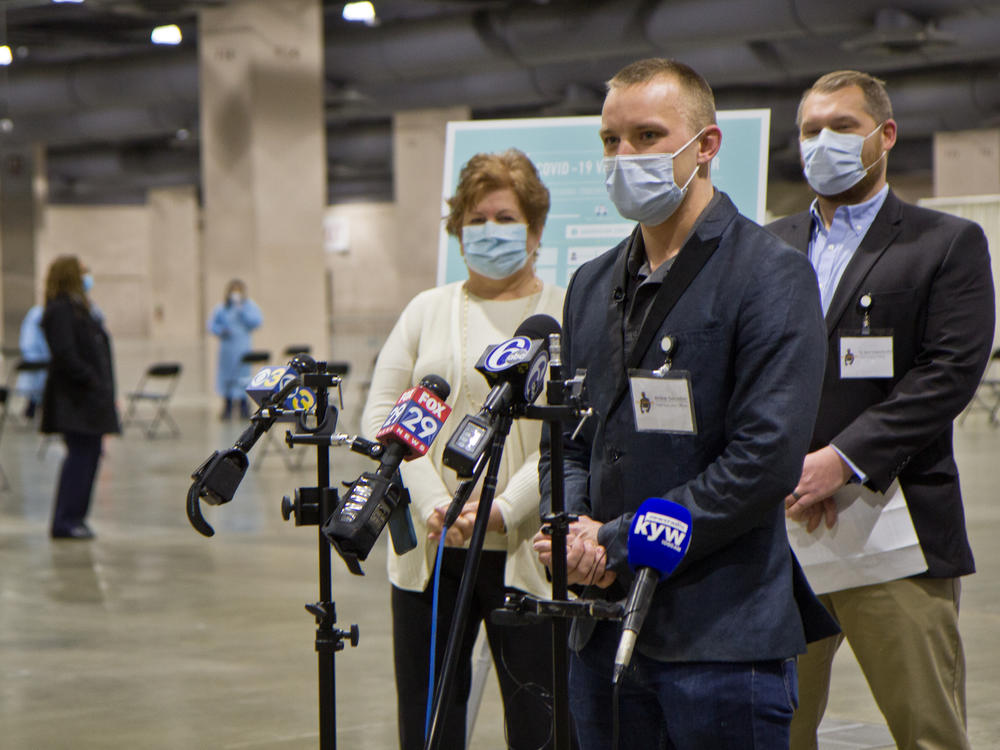 Andrei Doroshin, CEO of Philly Fighting Covid, speaks to reporters before the start of a COVID-19 vaccine clinic at the Pennsylvania Convention Center on Jan. 8.