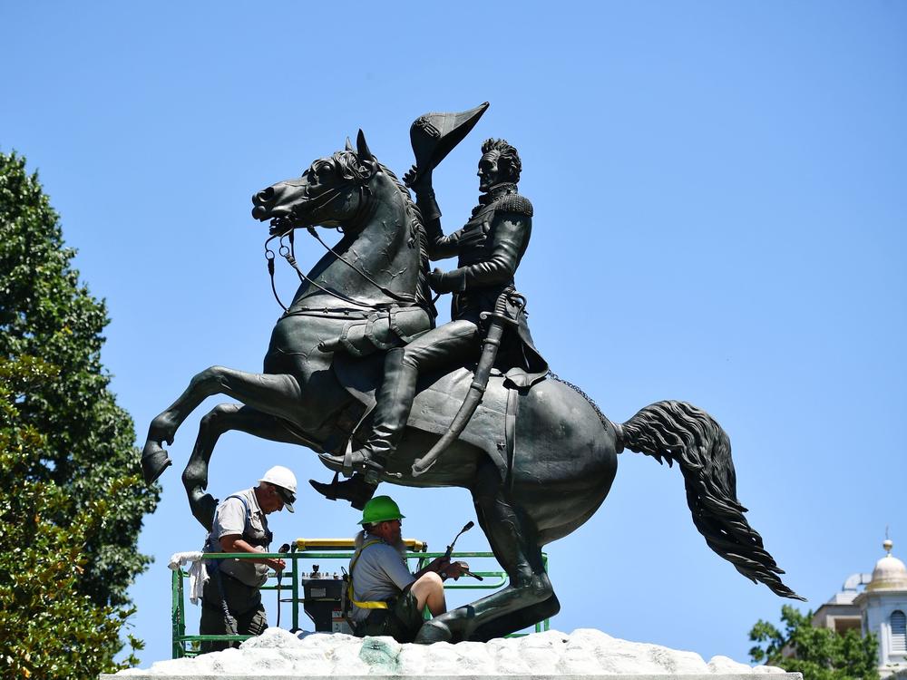 A statue of President Andrew Jackson in Lafayette Square near the White House in June.
