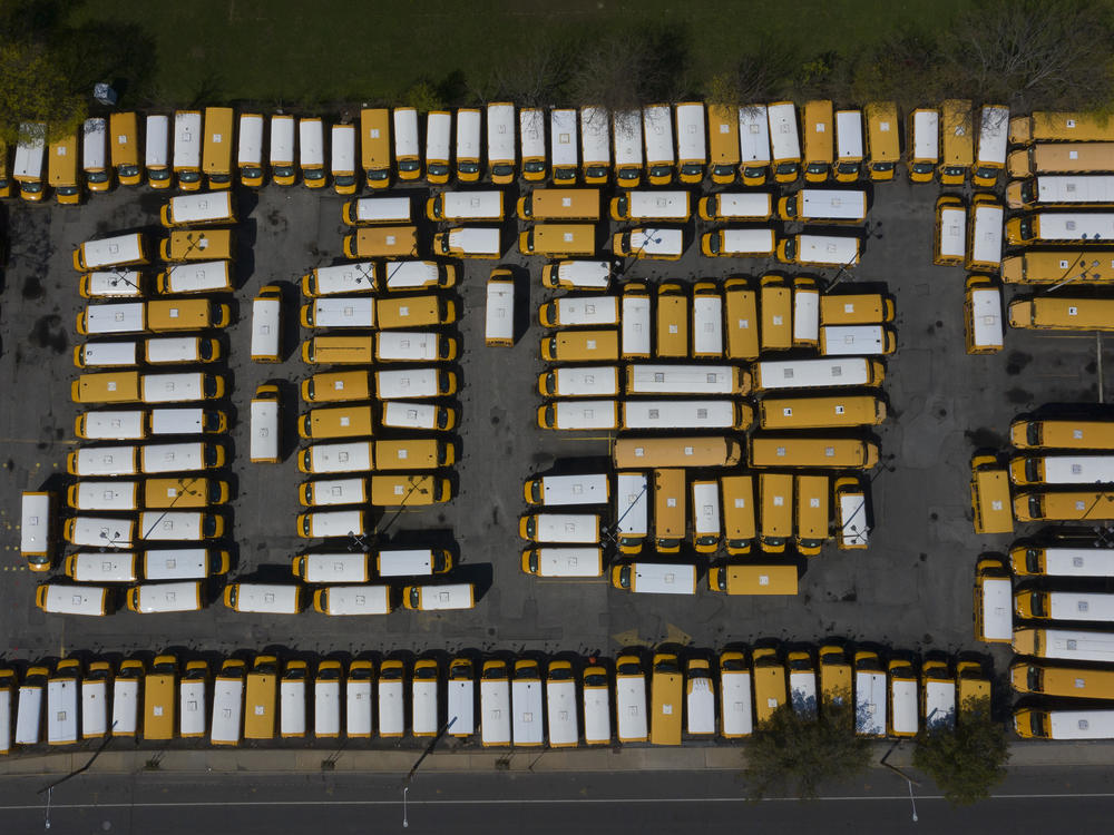 An aerial view of a Freeport, N.Y., school bus parking lot in April 2020.
