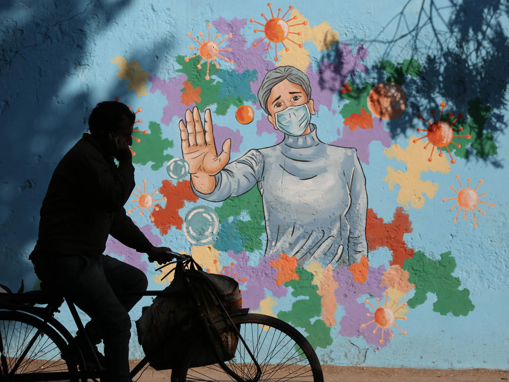 A mural in New Delhi is part of public health messaging in India. The country has seen a dramatic decline in new cases since the fall, but researchers aren't sure why.