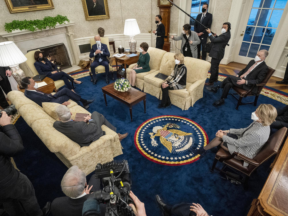President Biden and Vice President Harris meet Monday evening in the Oval Office with 10 Republican senators, including Mitt Romney of Utah, Susan Collins of Maine and Lisa Murkowski of Alaska, to discuss COVID-19 relief proposals.