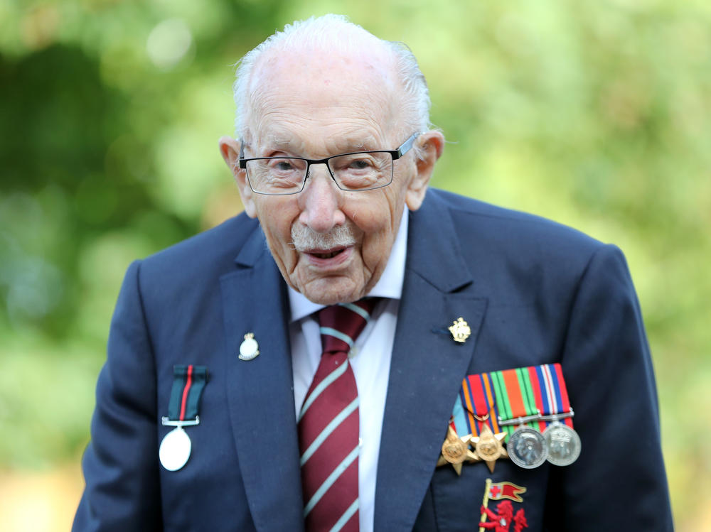 Capt. Sir Tom Moore poses in September while marking the launch of his memoir, <em>Tomorrow Will Be a Good Day,</em> in Milton Keynes, England.