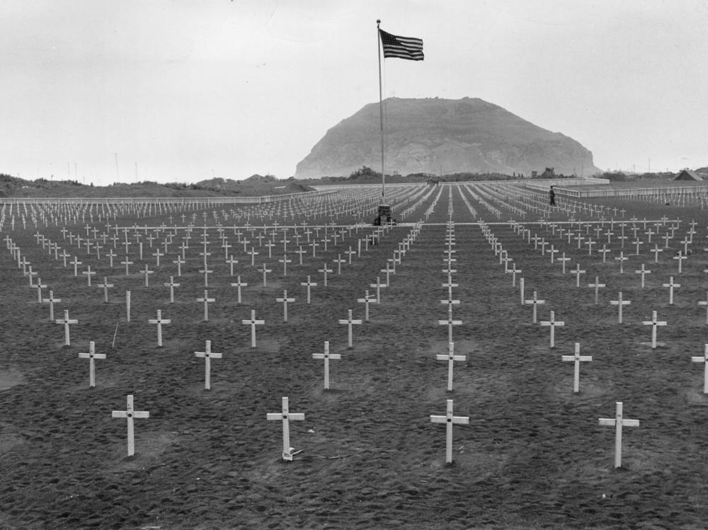 A U.S. Marine cemetery at the foot of Mount Suribachi in Iwo Jima.