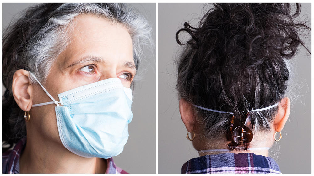 Tie the ear loops close to the edges of the mask and tuck in the side pleats to minimizes gaps (left). Or use a hair clip to hold the ear loops tightly at the back of the head to achieve a tighter seal.
