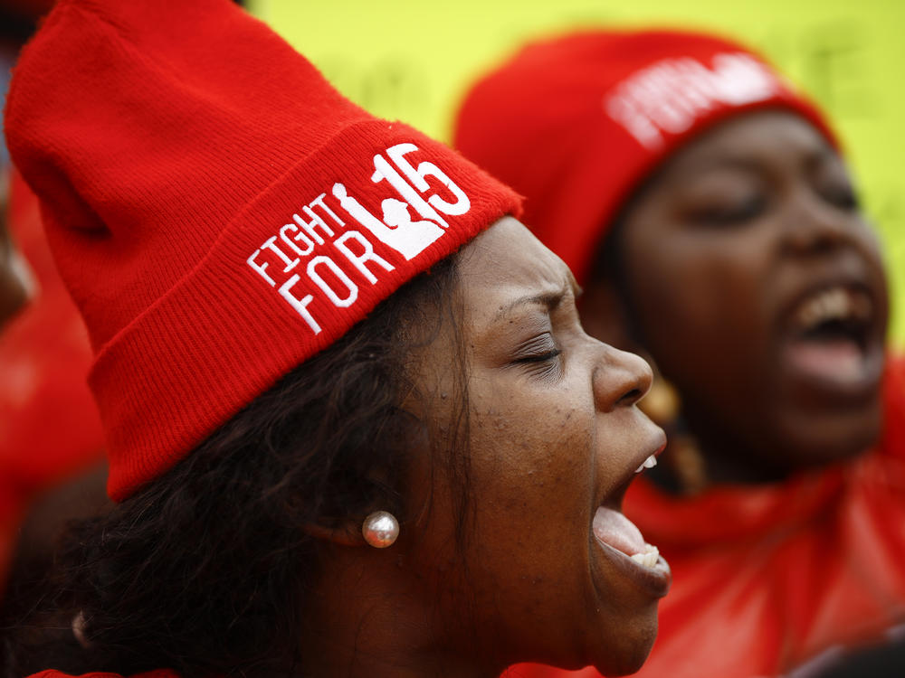 Demonstrators call for a union and $15 minimum wage at a McDonald's in Charleston, S.C., in February 2020. The U.S. Senate has voted to prohibit an increase in the federal minimum wage during the pandemic.