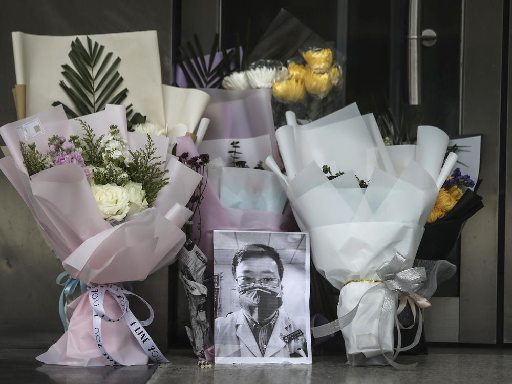 A portrait of the late Dr. Li Wenliang at his hospital in Wuhan, China. Li was a whistleblower in the early days of the country's coronavirus pandemic and died of COVID-19 on Feb. 7, 2020.