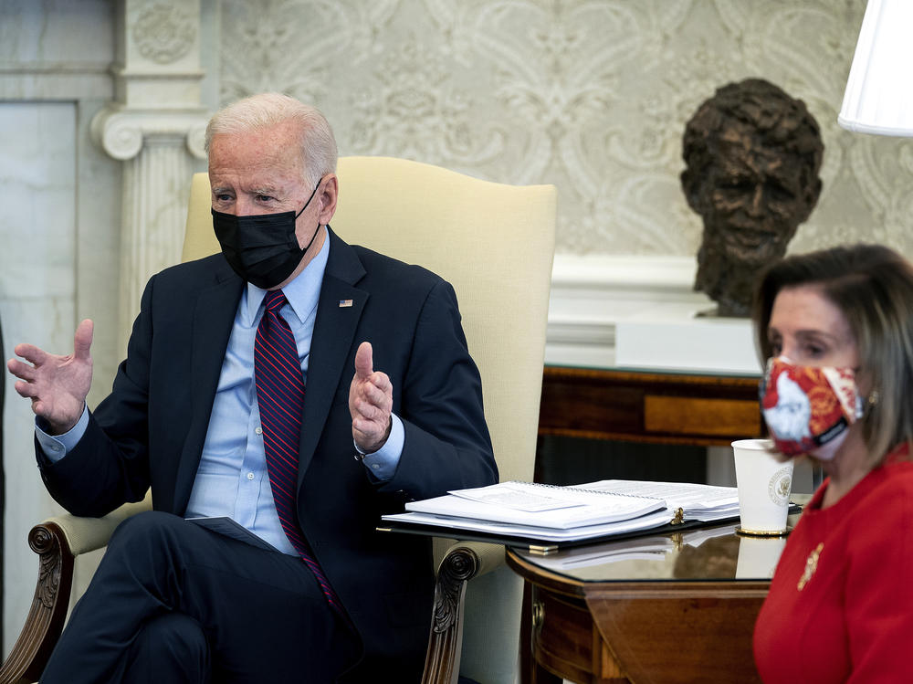 President Biden meets with House Democratic leaders, including Speaker Nancy Pelosi, in the Oval Office on Friday to discuss coronavirus relief legislation.