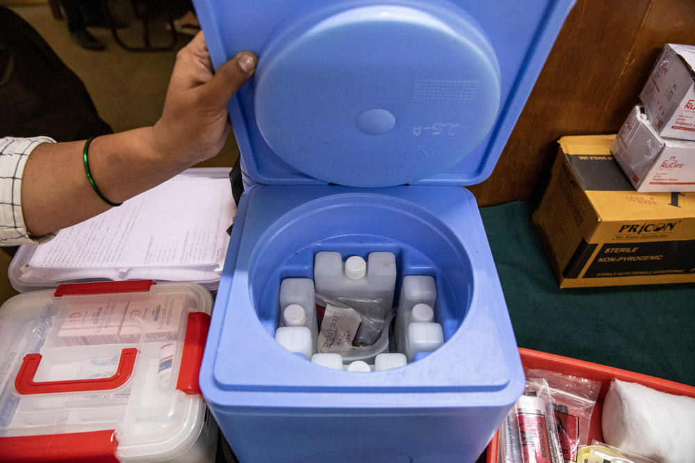 Vials of vaccine are stored in this container.