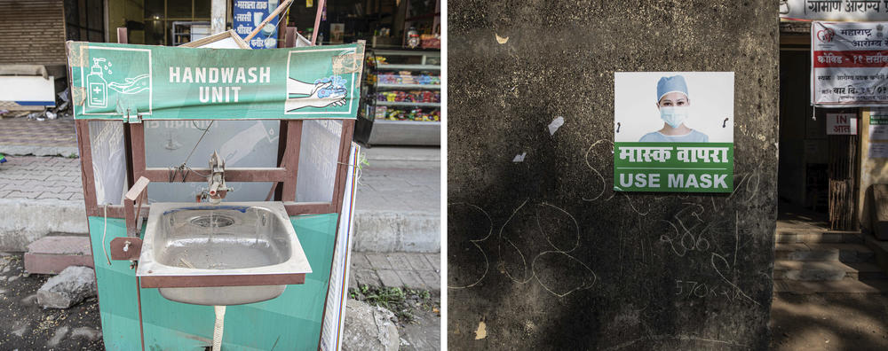 India wins praise for its pandemic precautions. Left: A handwashing unit on a city street in Palghar. Right: A sign promoting masks.