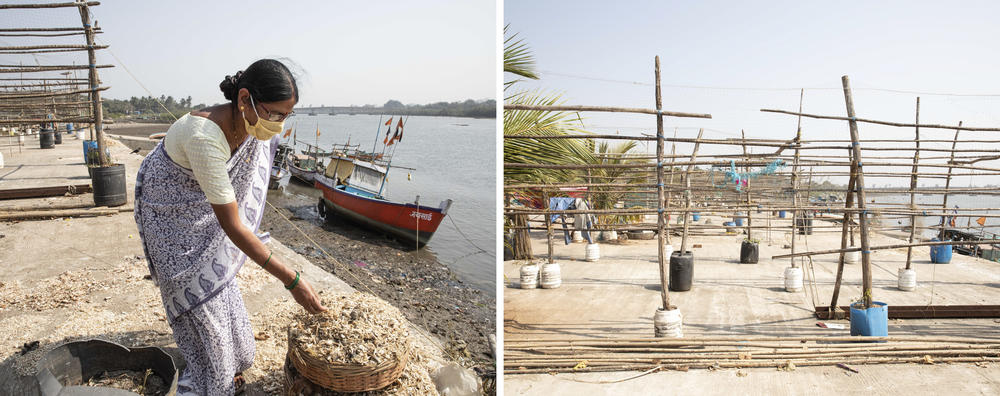 Left: Lakshmi Prakash Tandel, a fisherman's wife, at the docks of Palghar, says the fishing business has been drastically hurt by India's lockdown. She's skeptical about the value of the coronavirus vaccine. Right: Empty fishing docks.
