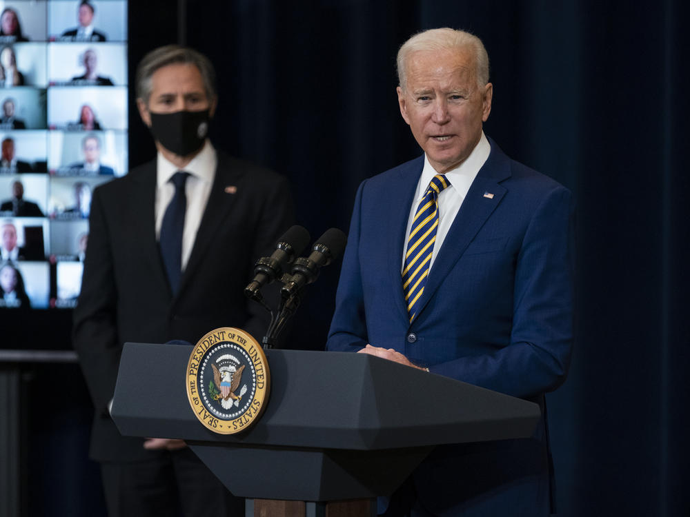 Secretary of State Antony Blinken, left, announced the Biden administration's plan to terminate agreements with El Salvador, Guatemala and Honduras that allowed the U.S. to send asylum-seekers to those countries.