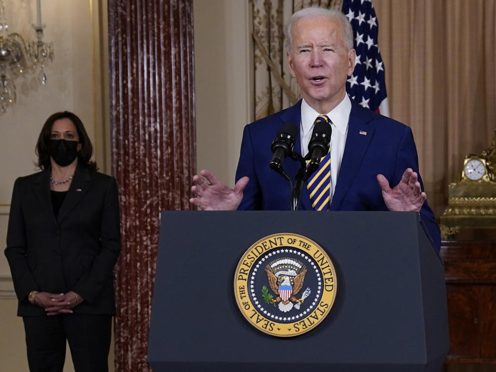 President Biden speaks at the State Department on Feb. 4 as Vice President Kamala Harris looks on. 