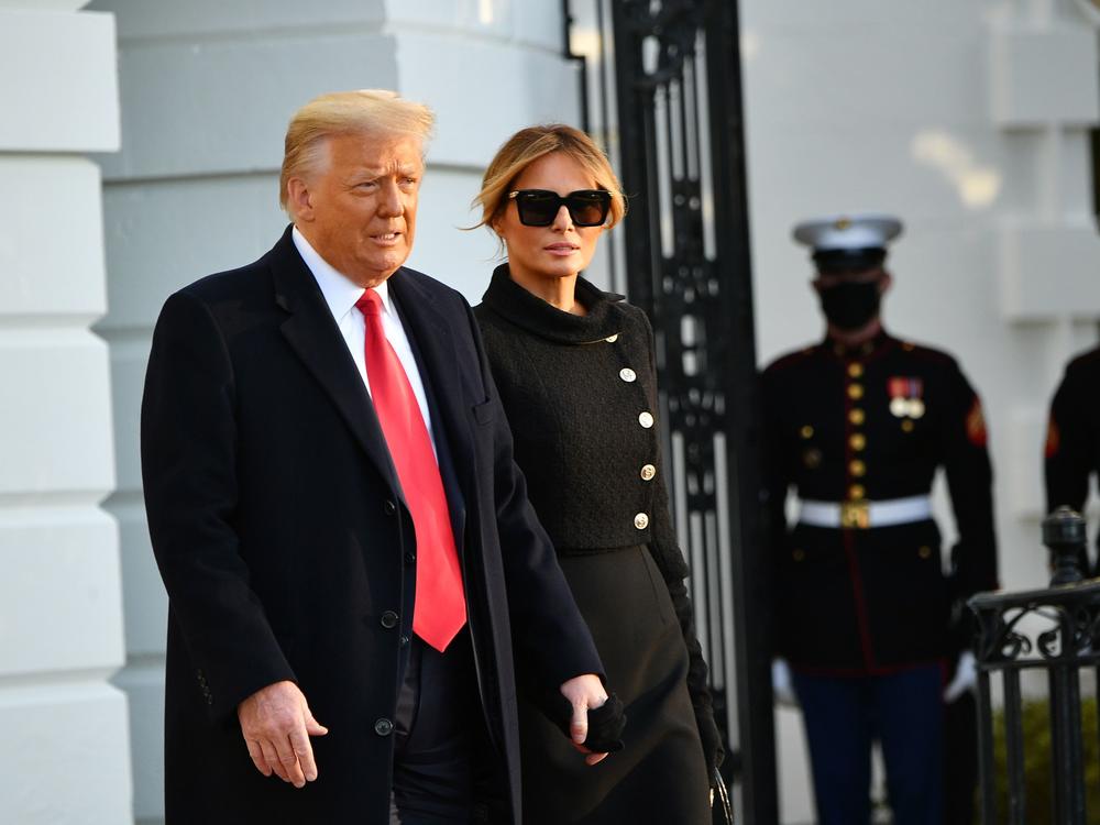 Former President Donald Trump and Melania Trump leave the White House on Jan. 20, President Biden's Inauguration Day. Trump is facing an impeachment trial in the Senate this week.
