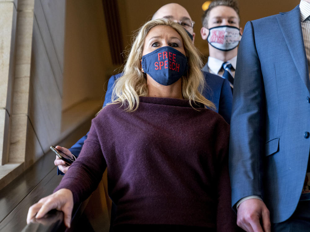 Rep. Marjorie Taylor Greene, R-Ga., goes back to her office after speaking on the floor of the House Chamber on Capitol Hill on Feb. 4.