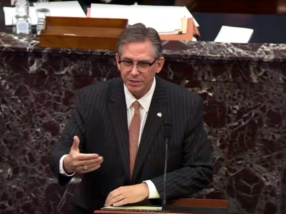In this screenshot taken from a congress.gov webcast, Bruce Castor Jr. defense lawyer for former President Trump speaks on the first day of Trump's second impeachment trial.