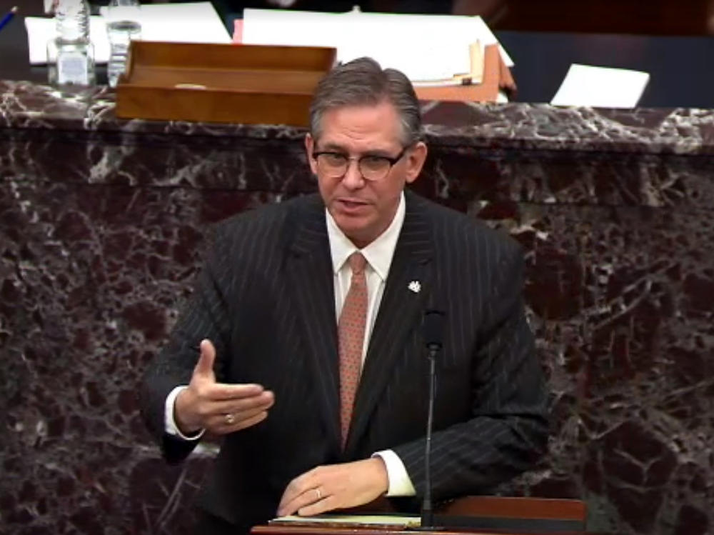 Bruce Castor, a defense lawyer for former President Donald Trump speaks on the first day of Trump's second impeachment trial. Trump's legal team is arguing that the impeachment is politically motivated and must not move forward.