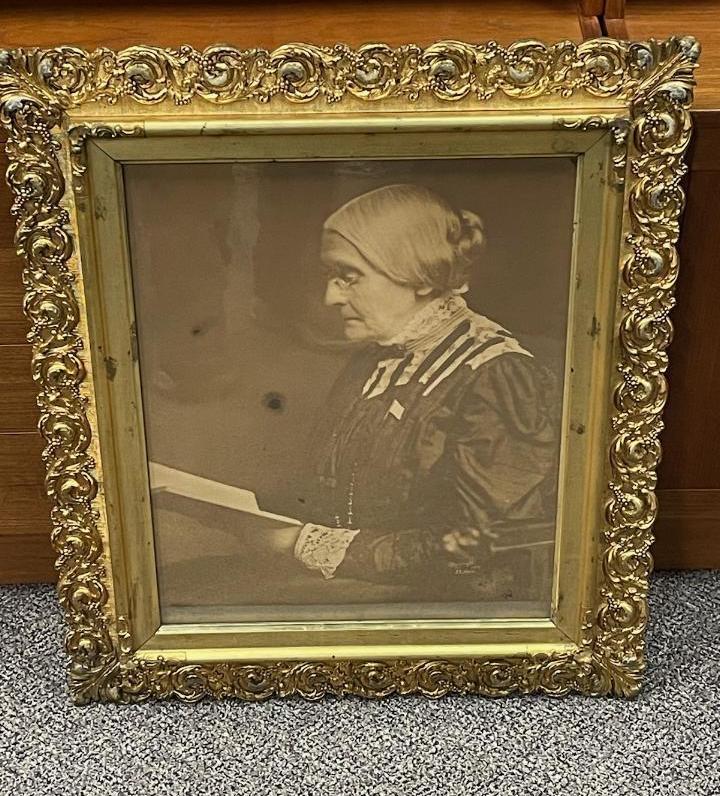 The framed portrait of Susan B. Anthony found by attorney David Whitcomb in an attic in Geneva, N.Y.