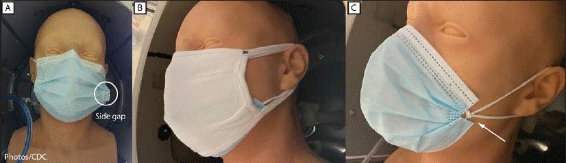 The CDC compared the protection offered by (from left) an unknotted medical procedure mask, a cloth mask covering medical procedure mask, and medical procedure mask that is <em></em>knotted and tucked.