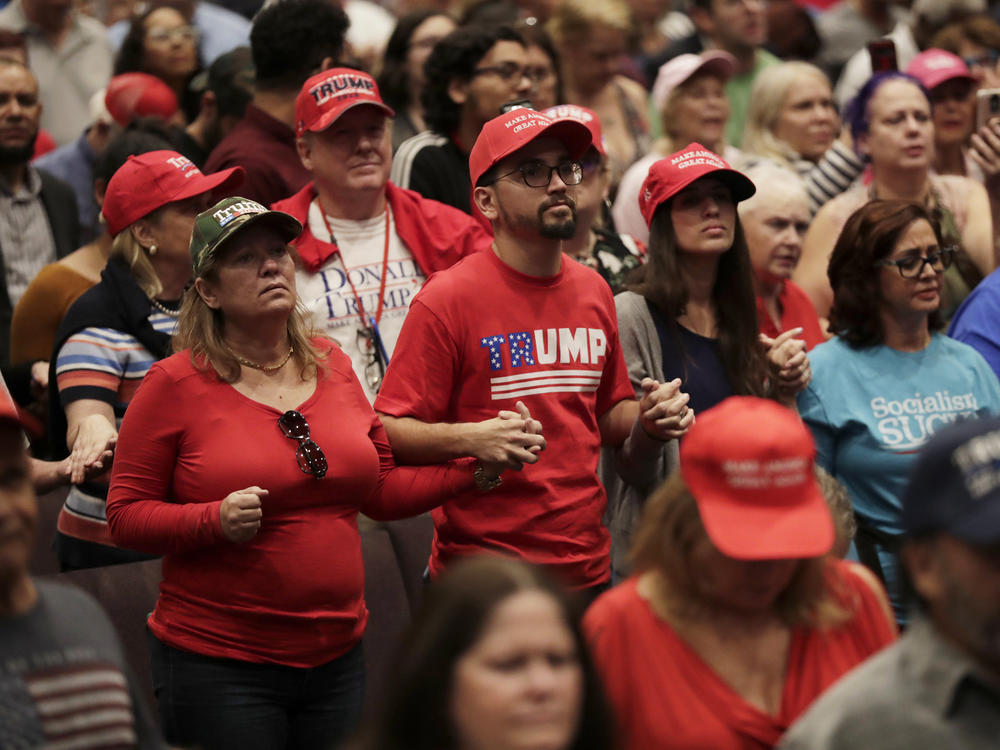 Supporters of President Donald Trump pray during a Jan. 3 rally for evangelical supporters at the King Jesus International Ministry church in Miami.