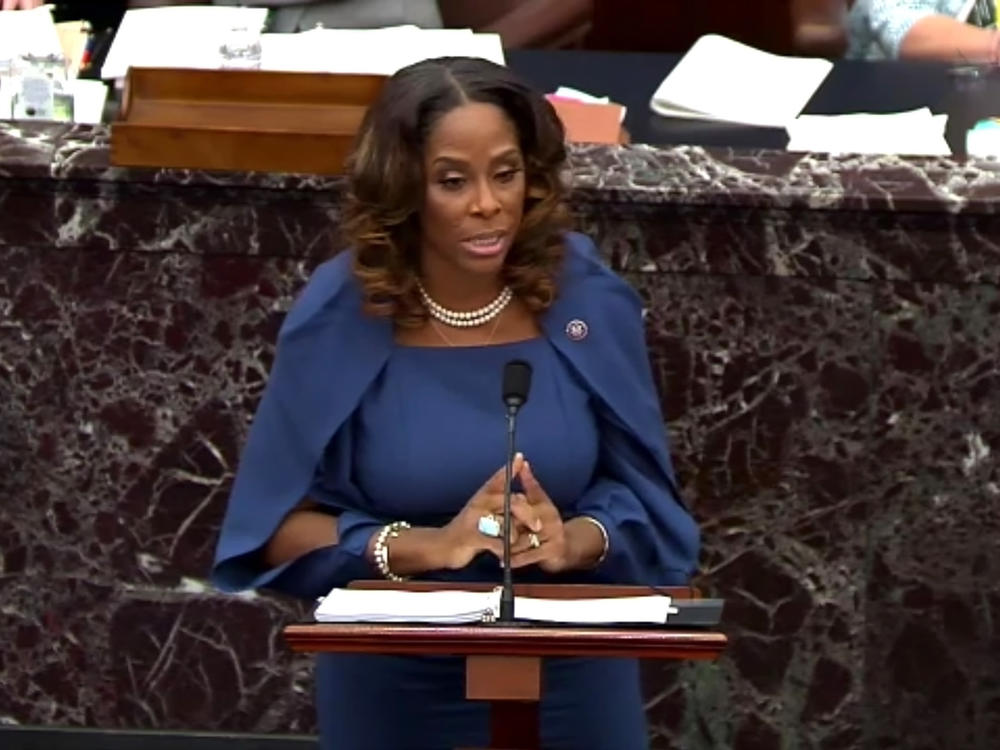 Del. Stacey Plaskett, D-U.S. Virgin Islands, speaks Wednesday during former President Donald Trump's second impeachment trial. She argued that Trump was 