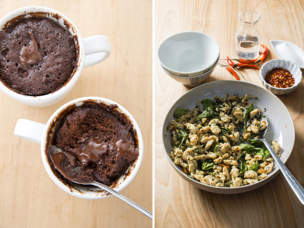A Valentine's Day meal for two from America's Test Kitchen: coffee mug molten chocolate cake and Thai chicken with basil.