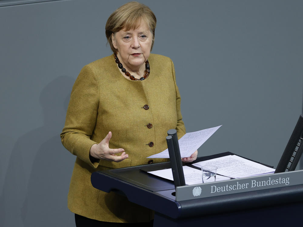 German Chancellor Angela Merkel addresses the Bundestag in Berlin on the German government's measures against COVID-19 on Thursday.