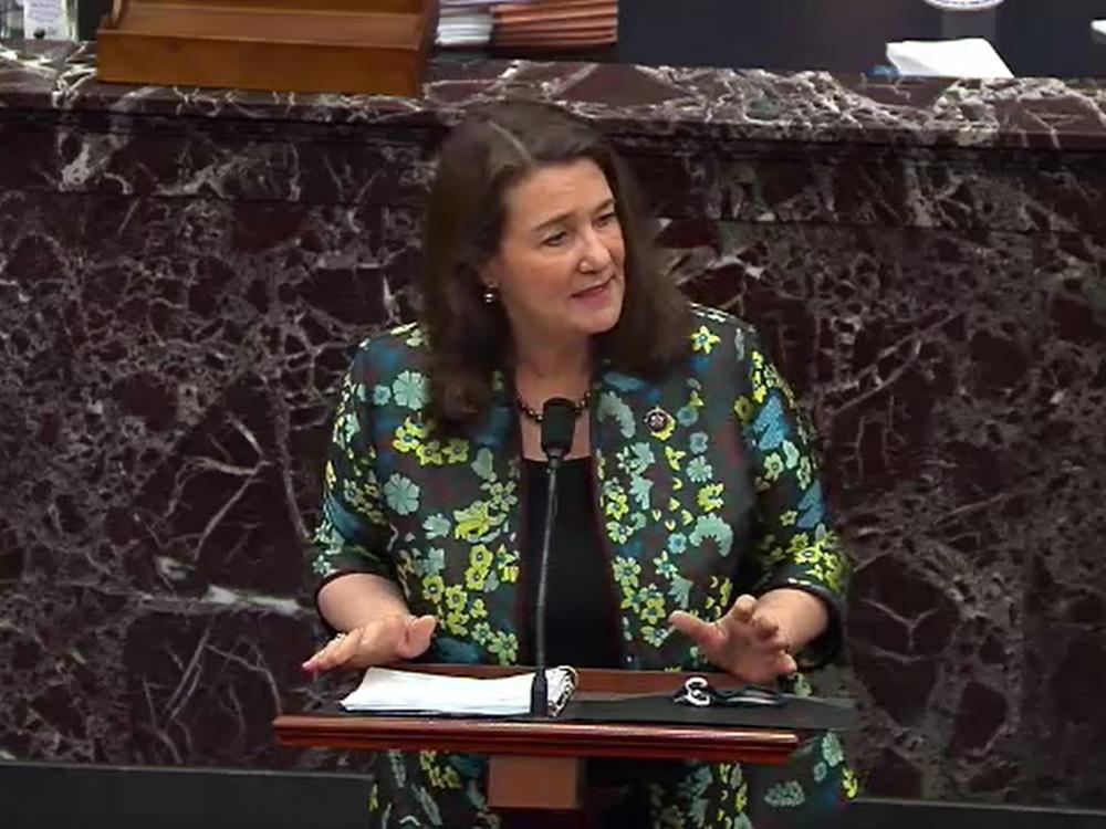 Rep. Diana DeGette, D-Colo., speaks on the third day of former President Donald Trump's second impeachment trial, Thursday at the U.S. Capitol. DeGette referenced court documents and social media posts to argue that Trump supporters believed they were following his orders in attacking the Capitol.