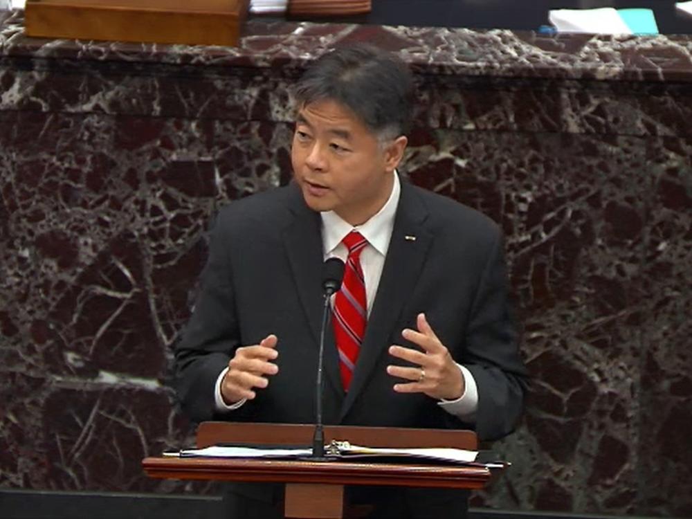 Rep. Ted Lieu, D-Calif., speaks on the third day of former President Donald Trump's second impeachment trial. House impeachment managers argue that Trump both incited the Jan. 6. insurrection and showed no remorse after the attack.