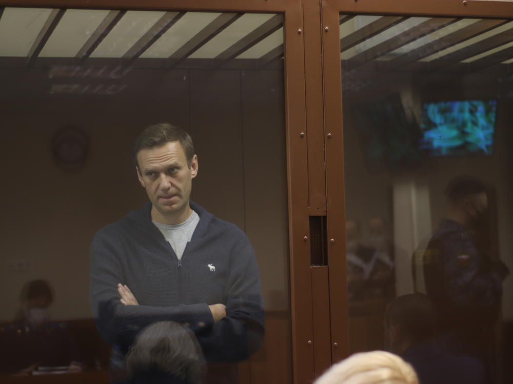 In this photo provided by the Moscow Court Press Service, Russian opposition leader Alexei Navalny appears in court on Friday. Russia is threatening to cut ties with the European Union if the bloc imposes sanctions over Navalny's arrest.